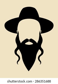 Simple graphic of a man with long beard wearing a hat