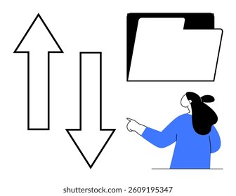 Simple graphic of a person pointing at a folder with one up arrow and one down arrow. Ideal for data transfer, file management, digital organization, technology usage, and workflow concepts