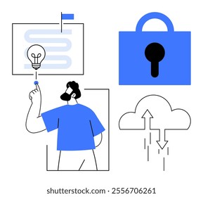 Simple graphic of a person pointing at a lightbulb, a large padlock, and a cloud with arrows. Ideal for innovation, technology, security, cloud computing, and digital solutions. Flat design style