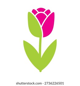 A simple graphic of a pink tulip with green leaves and stem