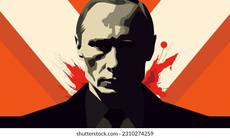 Un simple retrato gráfico del Presidente de la Federación Rusa Putin en una pancarta roja. guerra