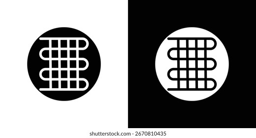 A simple graphic of a radiator icon, presented in both black and white versions, isolated on their respective backgrounds.