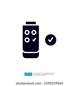 A simple graphic representation of a beverage container with checkmarks, indicating approval or confirmation. Illustration icon