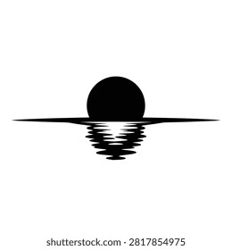 A simple, graphic representation of a black sun setting or rising over a body of water, with its reflection creating ripples.