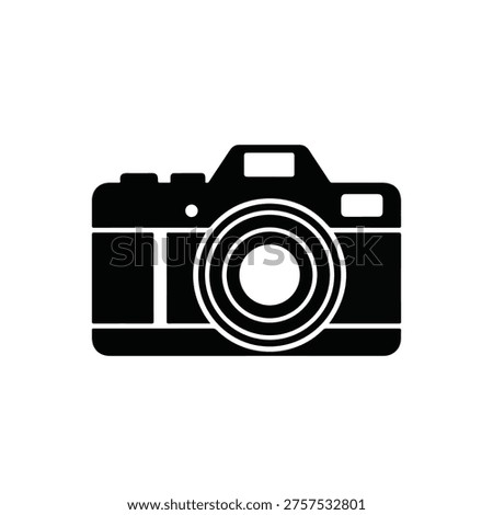 A simple graphic representation of a camera in black and white