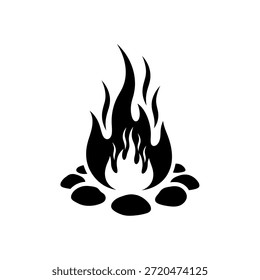 Eine einfache, grafische Darstellung eines Lagerfeuers, in schwarzer Silhouette auf weißem Hintergrund dargestellt, mit Flammen, die aus einem Steinkreis aufsteigen.