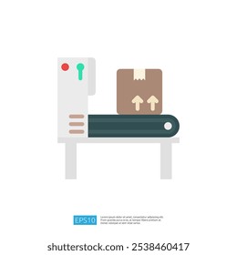 A simple graphic representation of a conveyor belt with a cardboard box, illustrating a packaging or shipping process in an industrial setting.