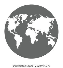 Simple graphic representation of the earth depicting continents and countries in white on a grey globe.