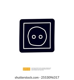 A simple graphic representation of an electrical outlet, featuring a circular face with two dots for sockets, enclosed in a square frame.