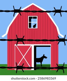 A simple graphic representation of a farm barn with a mule and a barn cat is seen behind barbed wire fence in this illustration.