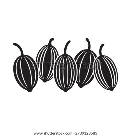 A simple, graphic representation of five ribbed, elongated seed pods arranged in a horizontal line against a white background.