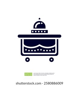 A simple graphic representation of a food cart with a dome lid, suggesting a service for food delivery or catering.