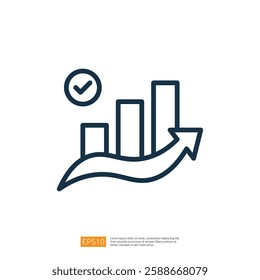 A simple graphic representation of a growing bar chart with an upward arrow and a checkmark, symbolizing progress and success in business or finance.