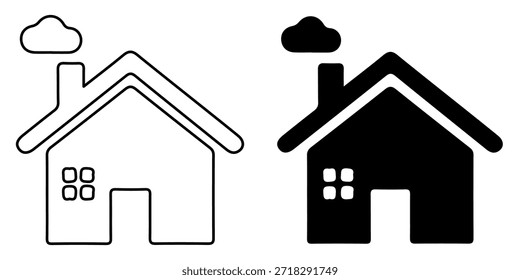 Eine einfache grafische Darstellung eines Hauses mit einem Rauchschornstein, die sowohl in Umrissen als auch in massiven schwarzen Silhouettenstilen dargestellt ist.