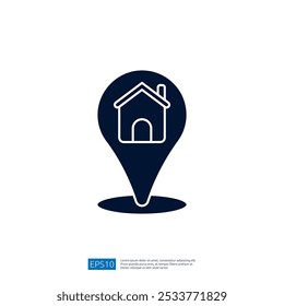 A simple graphic representation of a house within a location pin, symbolizing real estate or navigation.