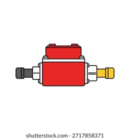 Representación gráfica simple de una válvula hidráulica con cuerpo rojo y puertos de color