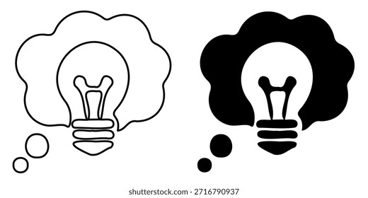Una simple representación gráfica de una bombilla dentro de una burbuja de pensamiento, que simboliza la creatividad y las nuevas ideas. Disponible tanto en versiones de contorno como en negro sólido.