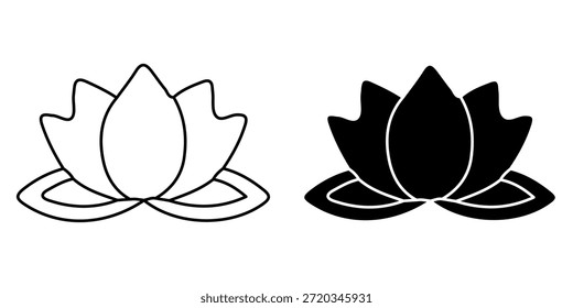 simple graphic representation of a lotus flower shown in two variations: a clean outline and a solid black silhouette.