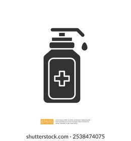 A simple graphic representation of a medicine bottle with a pump and a cross symbol, indicating its use for health or medical purposes.