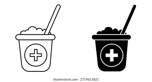 representação gráfica simples de uma argamassa e pilão, uma ferramenta comum na farmácia, apresentando um símbolo médico proeminente.