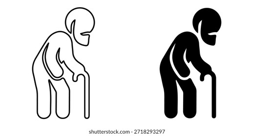 A simple, graphic representation of an old person leaning on a walking stick, shown in both outline and solid black.