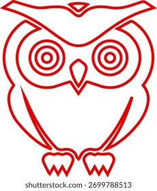 A simple, graphic representation of an owl with concentric circles for eyes, outlined in bright red on a white background.