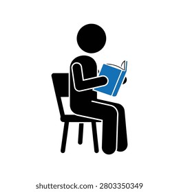 A simple graphic representation of a person engrossed in reading a book while seated on a chair. This image signifies learning, study, and intellectual pursuit.
