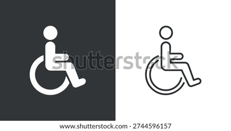 Simple graphic representation of a person in a wheelchair presented as a dark silhouette and a clean outline