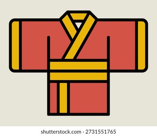 A simple graphic representation of a red and yellow martial arts uniform with bold black outlines depicted fronton against a muted background
