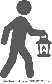 A simple graphic representation of a silhouette of a person walking and holding an illuminated lantern in their hand with a flame burning inside isolated on transparent background