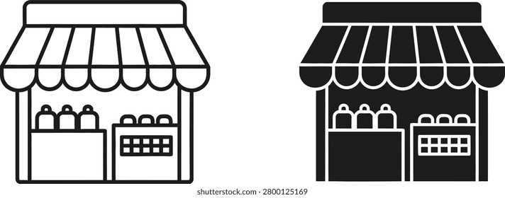 Simple graphic representation of a small shopfront or kiosk ideal for concepts related to retail commerce or local business. Vector graphic for digital use.