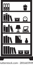 A simple graphic representation of a storage unit holding assorted literature and decor. Useful for interior design or organizational concepts.