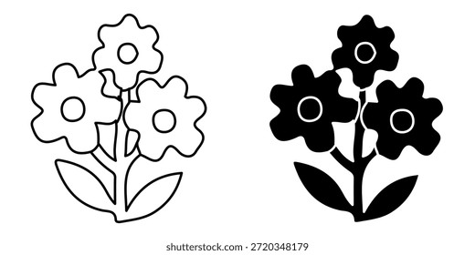 einfache grafische Darstellung von drei Blumen mit Blättern, die sowohl in Linien- als auch Silhouettenstilen dargestellt sind.