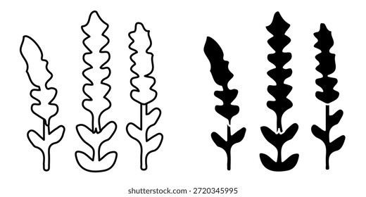 einfache, grafische Darstellung von drei Lavendelpflanzen, in Umriss- und Silhouettenform dargestellt.