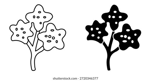 simple, graphic representation of a tree with three star-shaped leaves, each dotted with small circles. Available in both outline and solid black versions.