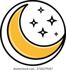 A simple, graphic representation of a yellow crescent moon surrounded by four small, sparkling stars.
