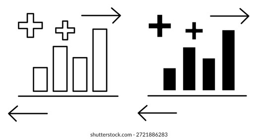 Gráfico simple que representa un gráfico de barras con dos signos más arriba y flechas que indican movimiento hacia adelante y hacia atrás.