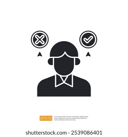 Un gráfico simple que representa a una persona con dos burbujas de pensamiento que indican opciones, una positiva y otra negativa. Simboliza la toma de decisiones o la evaluación.