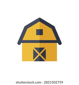 Simple graphic of a rural farm structure in a bright yellow hue with contrasting dark roof and cross-hatched door. Ideal for agricultural themes or country living concepts.