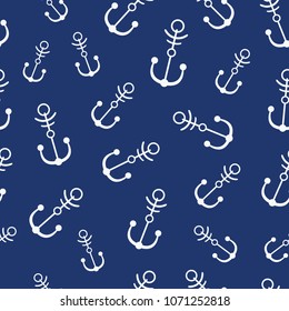Simple graphic seamless pattern of marine themes. White anchor on a blue background, wrapping paper texture for design. Oceanic vector wallpaper repeating