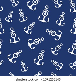 Simple graphic seamless pattern of marine themes. White anchor on a blue background, wrapping paper texture for design. Oceanic vector wallpaper repeating