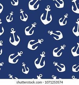 Simple graphic seamless pattern of marine themes. White anchor on a blue background, wrapping paper texture for design. Oceanic vector wallpaper repeating