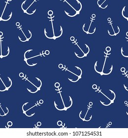 Simple graphic seamless pattern of marine themes. White anchor on a blue background, wrapping paper texture for design. Oceanic vector wallpaper repeating