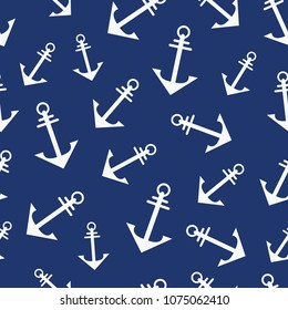 Simple graphic seamless pattern of marine themes. White anchor on a blue background, wrapping paper texture for design. Oceanic vector wallpaper repeating
