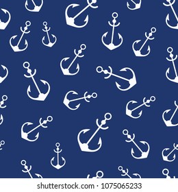Simple graphic seamless pattern of marine themes. White anchor on a blue background, wrapping paper texture for design. Oceanic vector wallpaper repeating