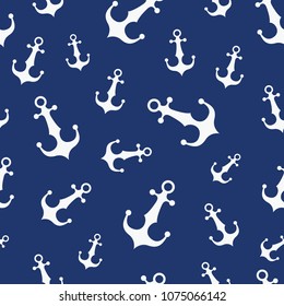 Simple graphic seamless pattern of marine themes. White anchor on a blue background, wrapping paper texture for design. Oceanic vector wallpaper repeating