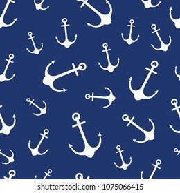 Simple graphic seamless pattern of marine themes. White anchor on a blue background, wrapping paper texture for design. Oceanic vector wallpaper repeating