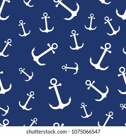 Simple graphic seamless pattern of marine themes. White anchor on a blue background, wrapping paper texture for design. Oceanic vector wallpaper repeating