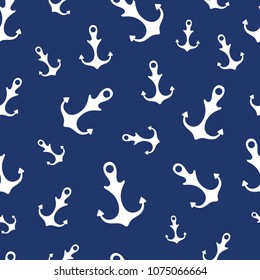Simple graphic seamless pattern of marine themes. White anchor on a blue background, wrapping paper texture for design. Oceanic vector wallpaper repeating