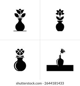 Simple graphic showcases four black floral arrangements in vases. The flowers differ across visuals on white backgrounds, including roses, tulips, and other botanical elements.
